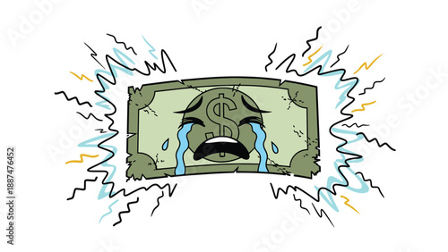 Distressed green dollar bill character crying with blue tears and lightning bolts symbolizing financial crisis or money troubles.