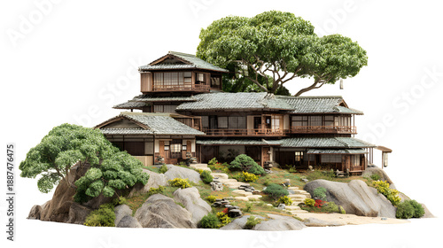 Intricately detailed miniature model of a traditional tiered Japanese ryokan style residence nestled among sculpted rocks and lush greenery under a bright sky