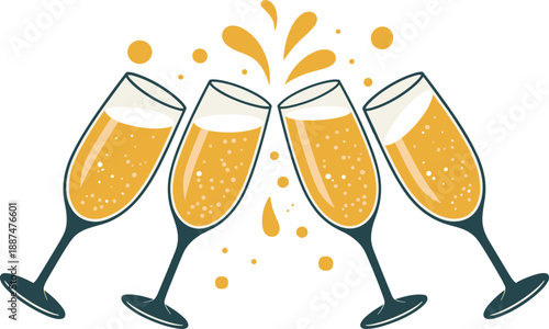 Four champagne glasses clinking illustration with golden bubbles splash, festive toast concept, joyful celebration design, party event artwork, isolated white background