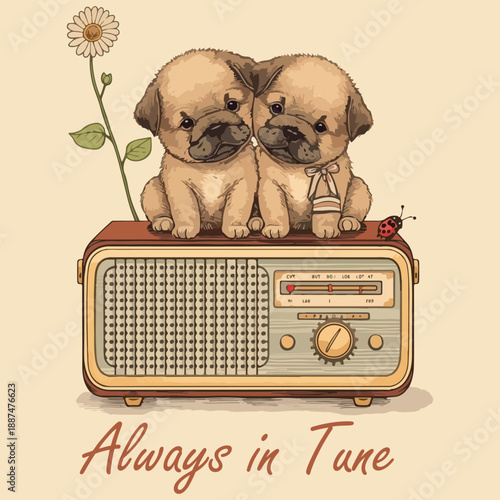 Cute Pug Puppies Sitting on an Old-Fashioned Radio with a Daisy and Ladybug, Always in Tune