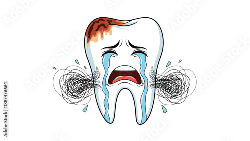 Crying tooth character with brown decay and cavities surrounded by dark messy scribbles representing dental pain and poor hygiene.