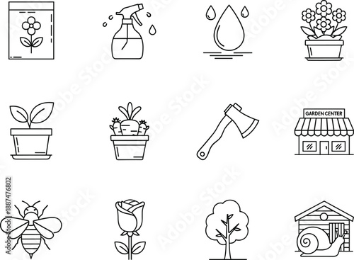 Seed packet, spray bottle, water drop, flower pot, plant, axe, bee, rose, tree, snail, garden center, vegetable, shed