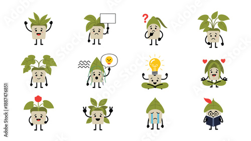 Large collection of twelve houseplant cartoon characters showing varied emotions and hobbies such as yoga, reading, and thinking.