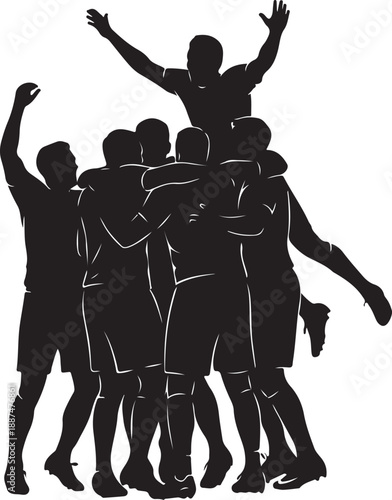 Silhouette of Professional Soccer Team Celebrating Victory, Black and White Graphic of Athletic Men Cheering Together with Arms Raised , Generative Ai