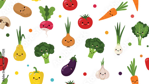 Delightful seamless pattern featuring a variety of smiling vegetable characters like carrots, tomatoes, and broccoli on white.