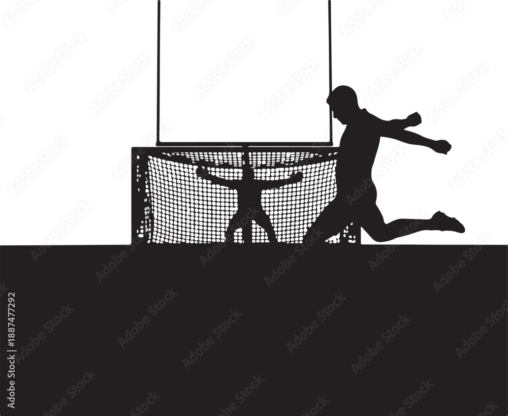 Obraz premium Silhouette of a Soccer Player Celebrating a Goal with Defeated Goalie, Victory Moment in Football Match on White Background , Generative Ai