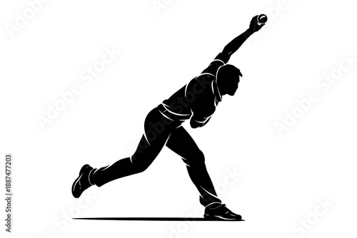 Black silhouette of fast cricket bowler in delivery stride isolated on white