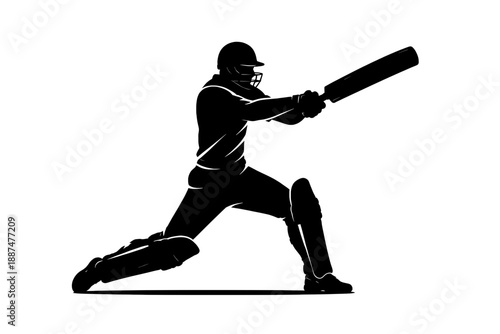 Black silhouette of cricket batsman playing powerful cover drive isolated on white