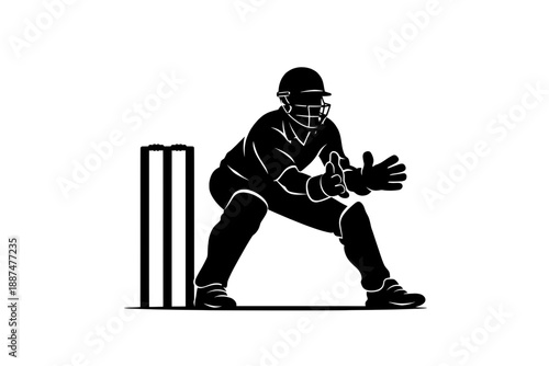 Black silhouette of cricket wicket keeper crouching behind stumps isolated on white