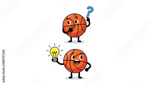 Pair of basketball characters where one is confused with a question mark while the other has a brilliant bright idea with a lightbulb.