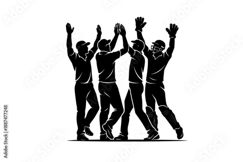 Black silhouette of cricket team celebrating a wicket isolated on white