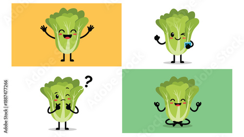 Collection of four Chinese cabbage characters expressing various moods like happiness, confusion, meditation, and friendliness.