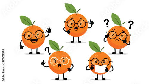 Collection of five orange fruit characters wearing glasses and exhibiting various behaviors like reading, thinking, and waving.