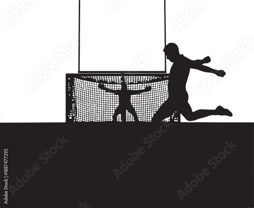 Silhouette of a Soccer Player Celebrating a Goal with Defeated Goalie, Victory Moment in Football Match on White Background , Generative Ai