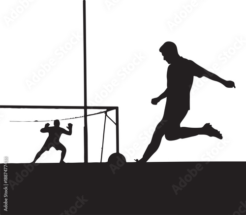 Silhouette of a Soccer Player Taking a Penalty Kick Against a Goalkeeper, Striker vs Goalie Action Scene on White Background , Generative Ai