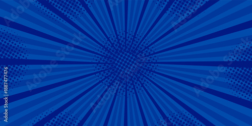 abstract comic rays background with dot halftone on blue