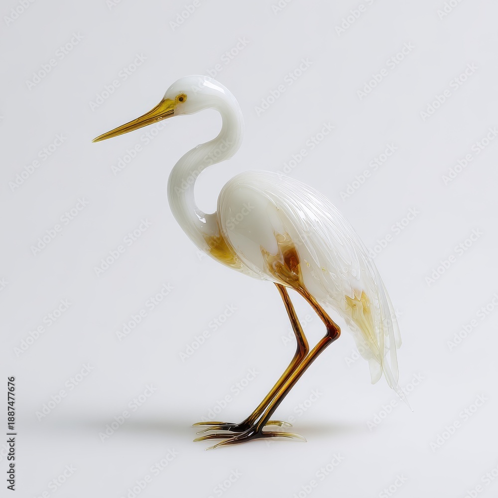 Fototapeta premium Elegant White Crane Sculpture with Golden Accents on White Background