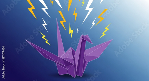 Purple origami crane with lightning bolts