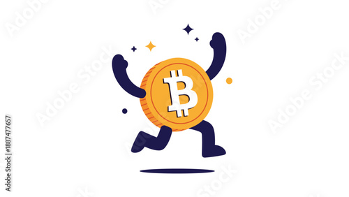 Enthusiastic bitcoin coin character running with its arms raised in celebration against a dark blue background with stars.