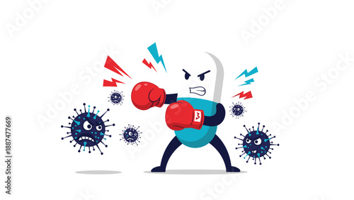Medical capsule pill character wearing red boxing gloves to fight off invading blue virus particles and germs in a healthcare theme.