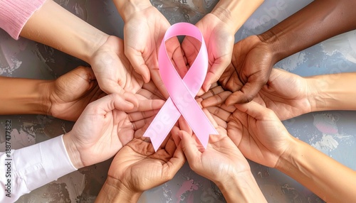 Many hands holding pink breast cancer awareness ribbon. World Cancer Day symbol. Diverse people hands. Pink ribbon icon. Support and solidarity gesture. Healthcare and medical concept.