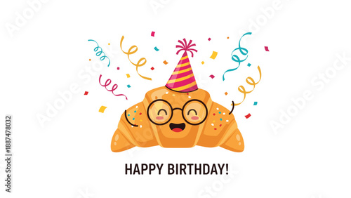 Cheerful croissant character wearing glasses and a festive party hat while surrounded by colorful confetti for a birthday theme.