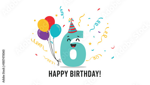 Friendly blue number six character celebrating with a festive party hat and colorful balloons for a sixth birthday greeting card.