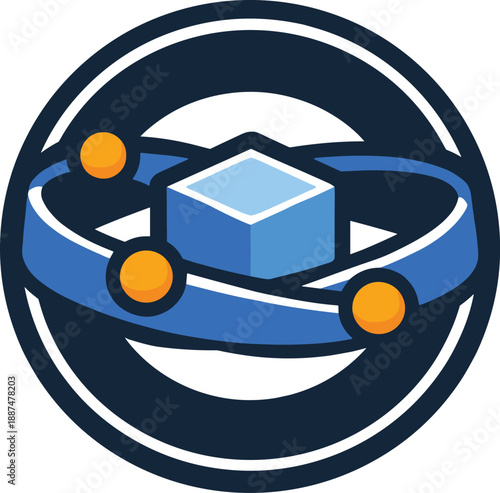 3D cube network icon with orbit and satellites