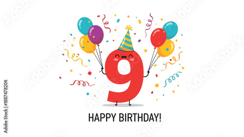 Adorable red number nine character holding colorful balloons and wearing a party hat for a ninth birthday celebration.