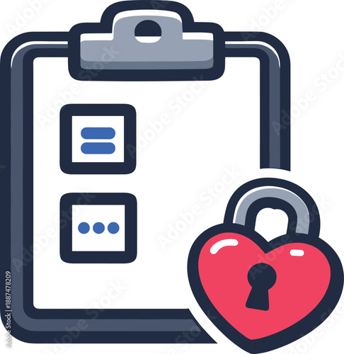 Secure checklist icon with clipboard and heart padlock