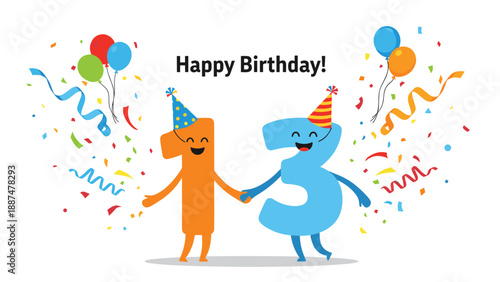 Friendly number thirteen characters holding hands and wearing party hats to celebrate a teenager's thirteenth birthday.