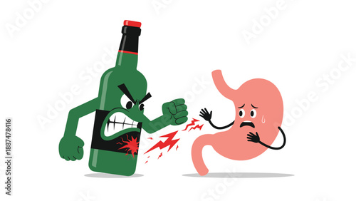 Cartoon illustration of an angry alcohol bottle attacking a suffering stomach to represent the health risks of drinking.