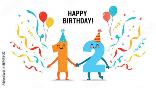 Cheerful number twelve characters celebrating with colorful streamers and party hats for a twelfth birthday anniversary.