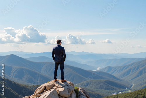 Business man standing on the top of the mountain looking at the valley. Business success concept. 3d rendering.