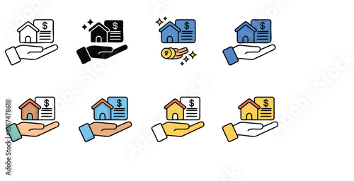 Hands holding houses and money illustrations, various styles and color schemes, vector designs representing real estate, finance, and investment concepts.