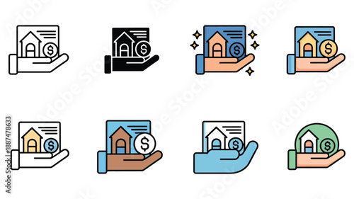 Hands holding houses and money illustrations, diverse vector designs in multiple styles and colors, symbolizing real estate ownership, financial growth, and investment.