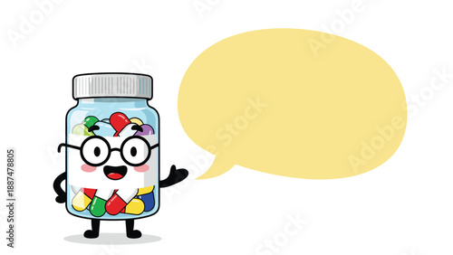 Knowledgeable medicine bottle character wearing glasses and pointing to a large blank speech bubble for text.
