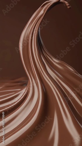 Chocolate milkshake flows upward in reverse motion, forming smooth waves and curves. Rich chocolate tones, cinematic lighting