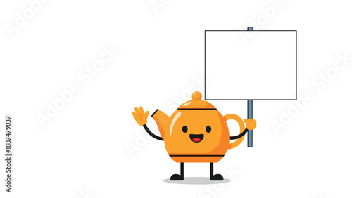 Cute orange teapot character waving its hand and holding a blank white sign for a cozy tea house menu or some special offers.