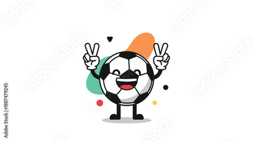 Energetic soccer ball character giving peace signs with both hands for various sports events and athletic competitions.