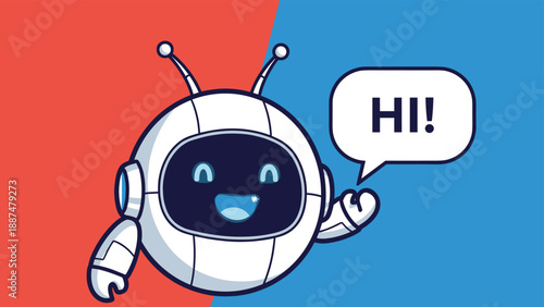 Happy white robot character with a blue screen face waving its hand and saying hi in a small speech bubble for tech support.