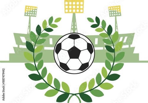 Soccer ball surrounded by laurel wreath in a stadium with floodlights from a front viewpoint