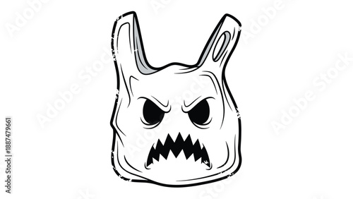 Scary face illustration made from a white plastic bag representing serious environmental pollution and waste danger.