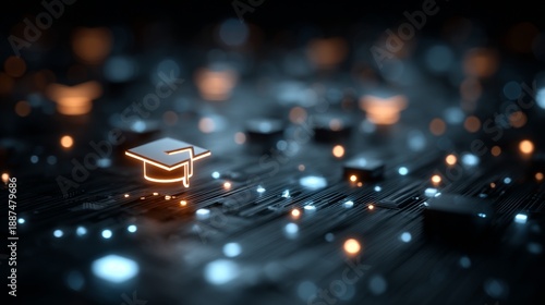 Glowing graduation cap atop futuristic circuit board symbolizes digital learning and technological advancement in education