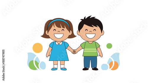 Cute young boy and girl smiling and holding hands to represent true friendship, sweet childhood, and togetherness.
