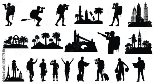 Collection of traveler silhouettes and landmarks