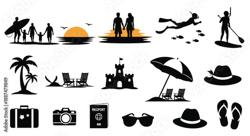 Collection of black silhouette summer vacation icons on white background
