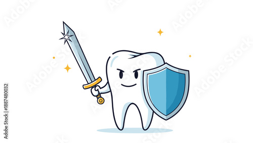 Brave tooth character holding a sword and a blue shield to protect itself against dental cavities and plaque.