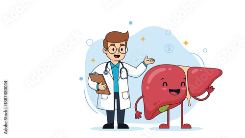 Friendly male doctor with a clipboard explaining health to a happy liver organ character for some medical awareness.