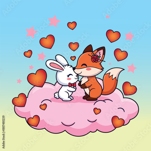 Adorable cartoon fox and rabbit sharing a tender moment on a fluffy pink cloud, surrounded by floating hearts and stars, symbolizing sweet affection and romantic whimsy
